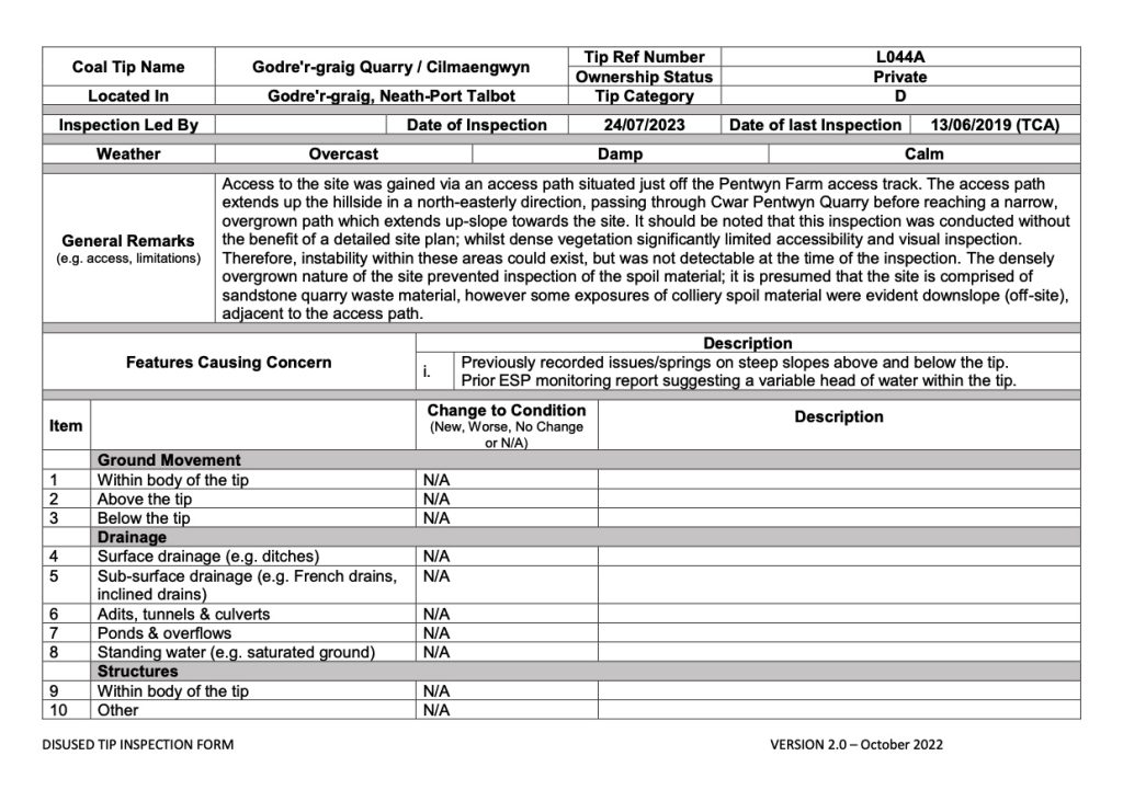 L44A has First Tip Inspection for Welsh Government Tip Safety program